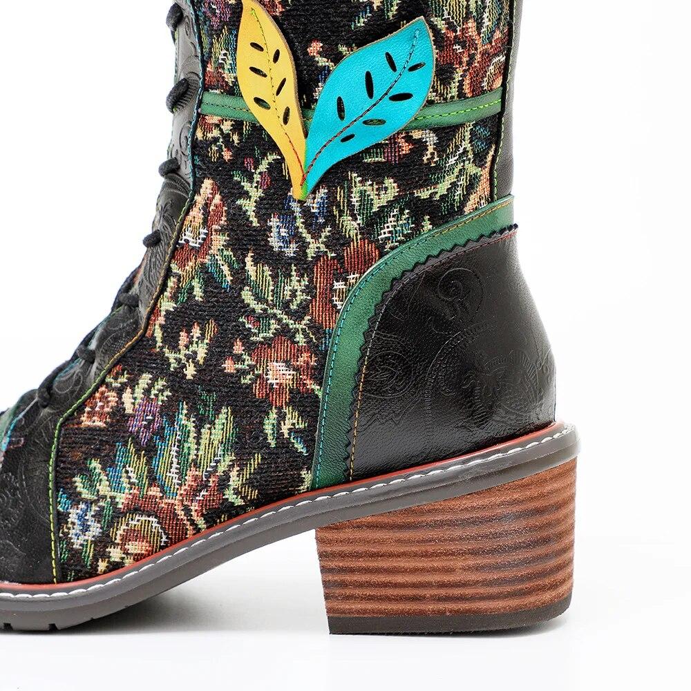 Johnature Botas largas de cuero genuino para mujer, zapatos hechos a mano con estampado Retro, Color a juego, con cordones, hasta media pantorrilla