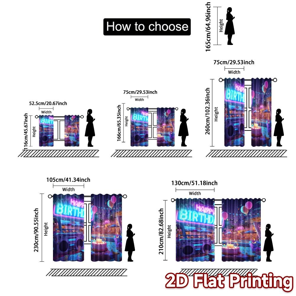 2pcs   2D FLAT PRINTING Curtains (Without Rod) NeonBirthdayVibes Chic Fashionable Curtains Polyester Curtains Versatile All for