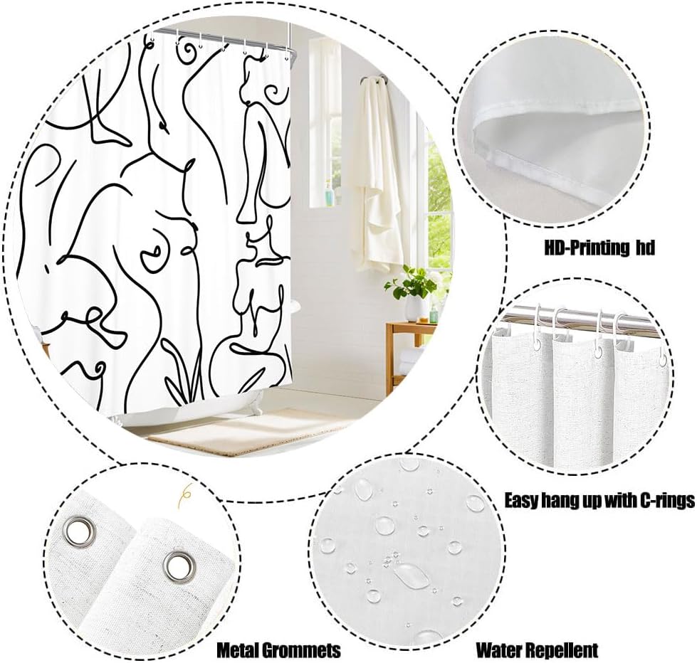 Nude Adults Shower Curtain, Black and White Abstract Line Minimalist Nordic Style Modern Shower Curtain Sets, Boho Retro Simple
