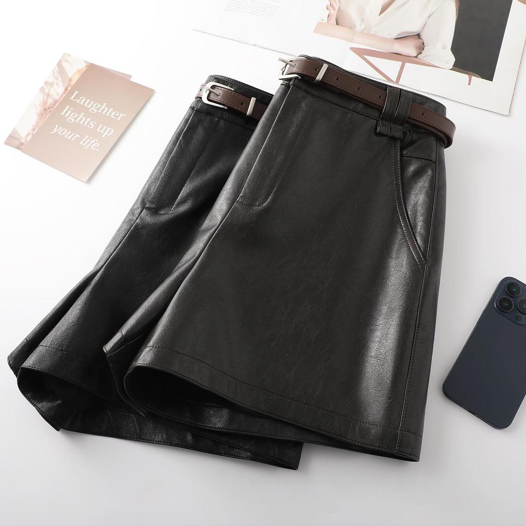Coffee PU Leather High-Waisted A-line Shorts for Women & Girls - Winter 2025 Fashion, Slimming & Versatile