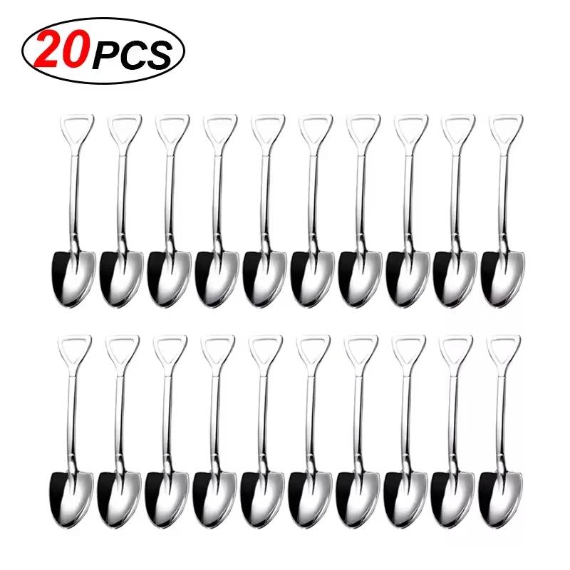 20/2x Stainless Steel Shovel Spoons Gold Silver Mini Coffee Teaspoon Fruit Ice Cream Dessert Spoon Scoops Kitchen Tableware Set