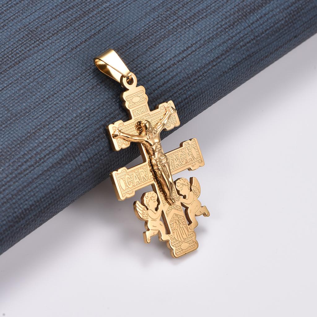 Retro Stainless Steel Little Angel Jesus Crucifix Cross Pendant Necklace Chain for Women Men Prayer Faith Charms Metal Jewelry