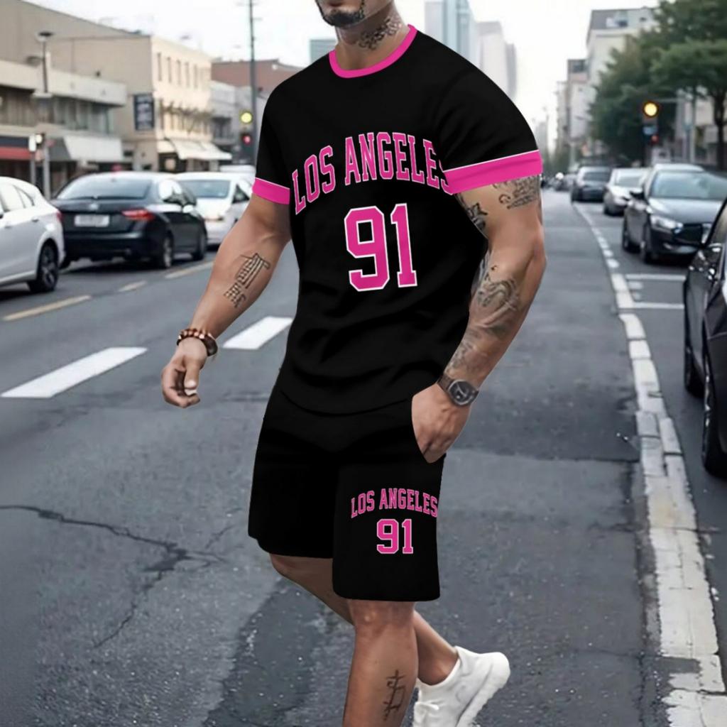 Men's Suit Casual Round-neck Short-sleeved Pullover T-shirt with Print Sporty Casual Pants Set