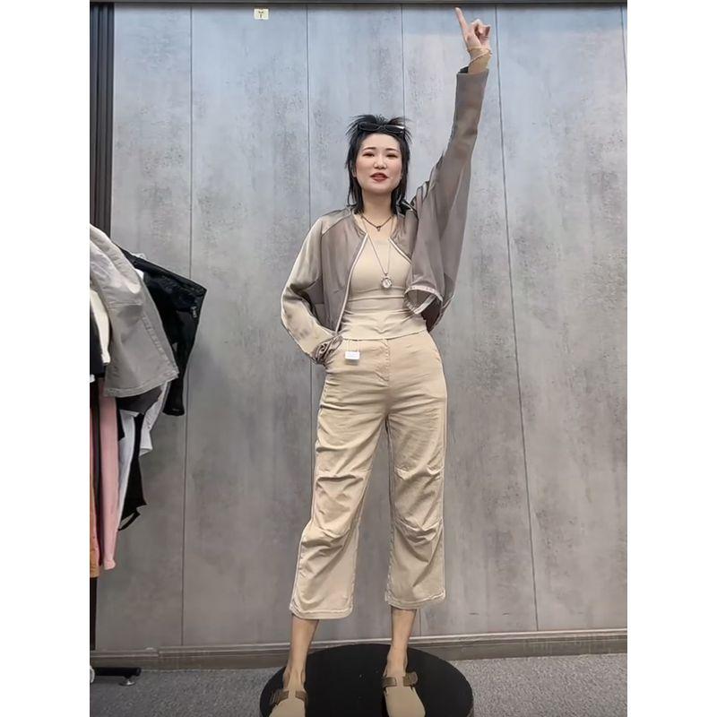 

European Goods Washed Cotton Loose Elastic Straight Denim Milk Tea L