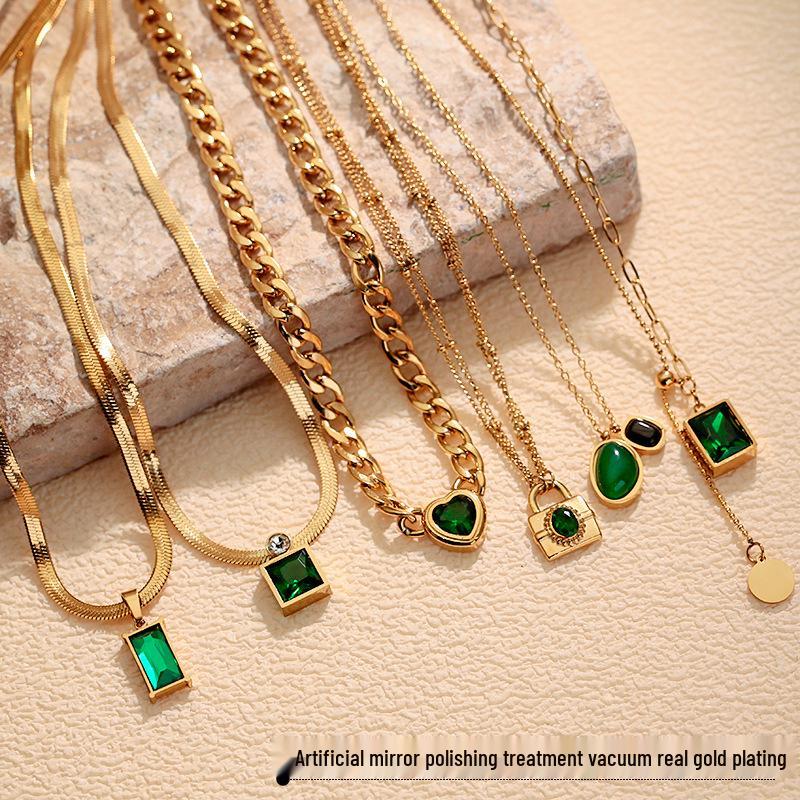 Women's Luxury Emerald Zircon Pendant Necklace, Stainless Steel Clavicle Chain