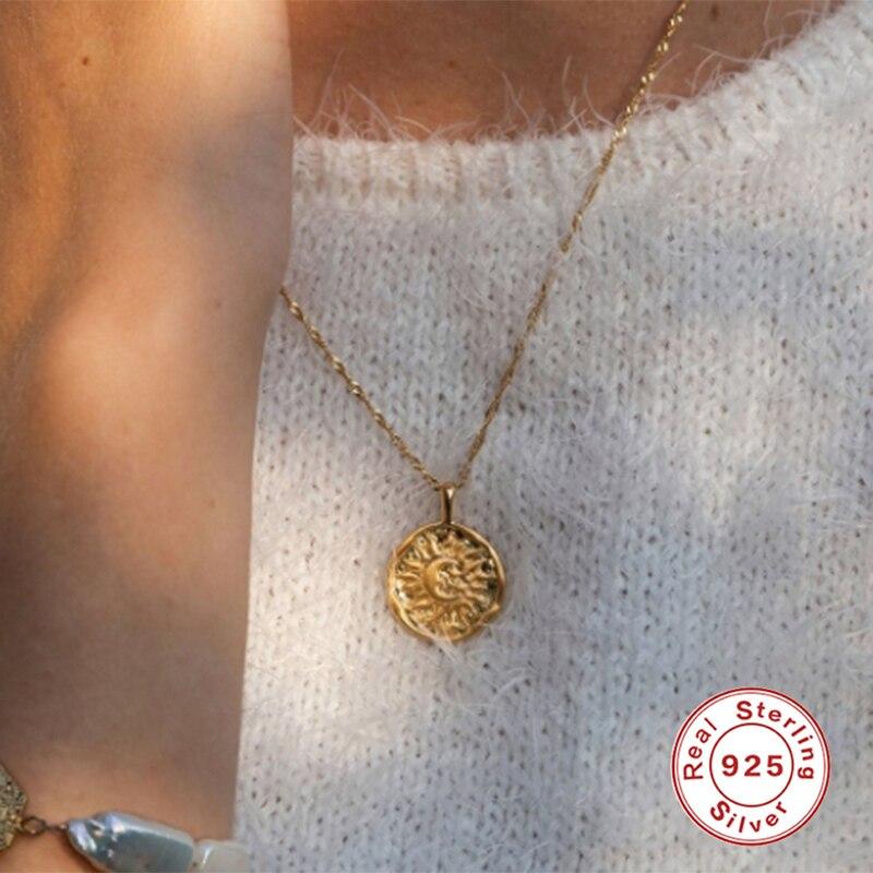Aide 925 Sterlingové stříbro Slunce Měsíc Hvězda Pozlacený Zlatý Klíční řetízek Náhrdelník pro ženy Jednoduché šperky Svatba Náhrdelníky Collares