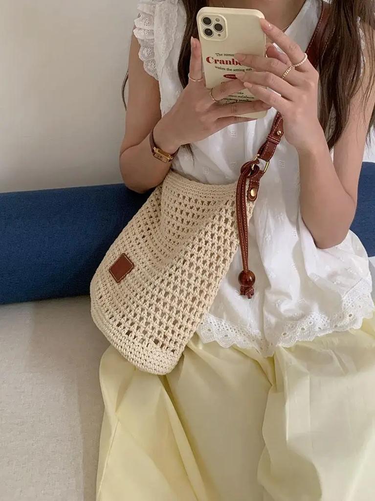 Knitted Hollow Out Women's Bucket Shoulder Bag Large Capacity Female Beach Crossbody Bags Seaside Travel Ladies Tote Handbags