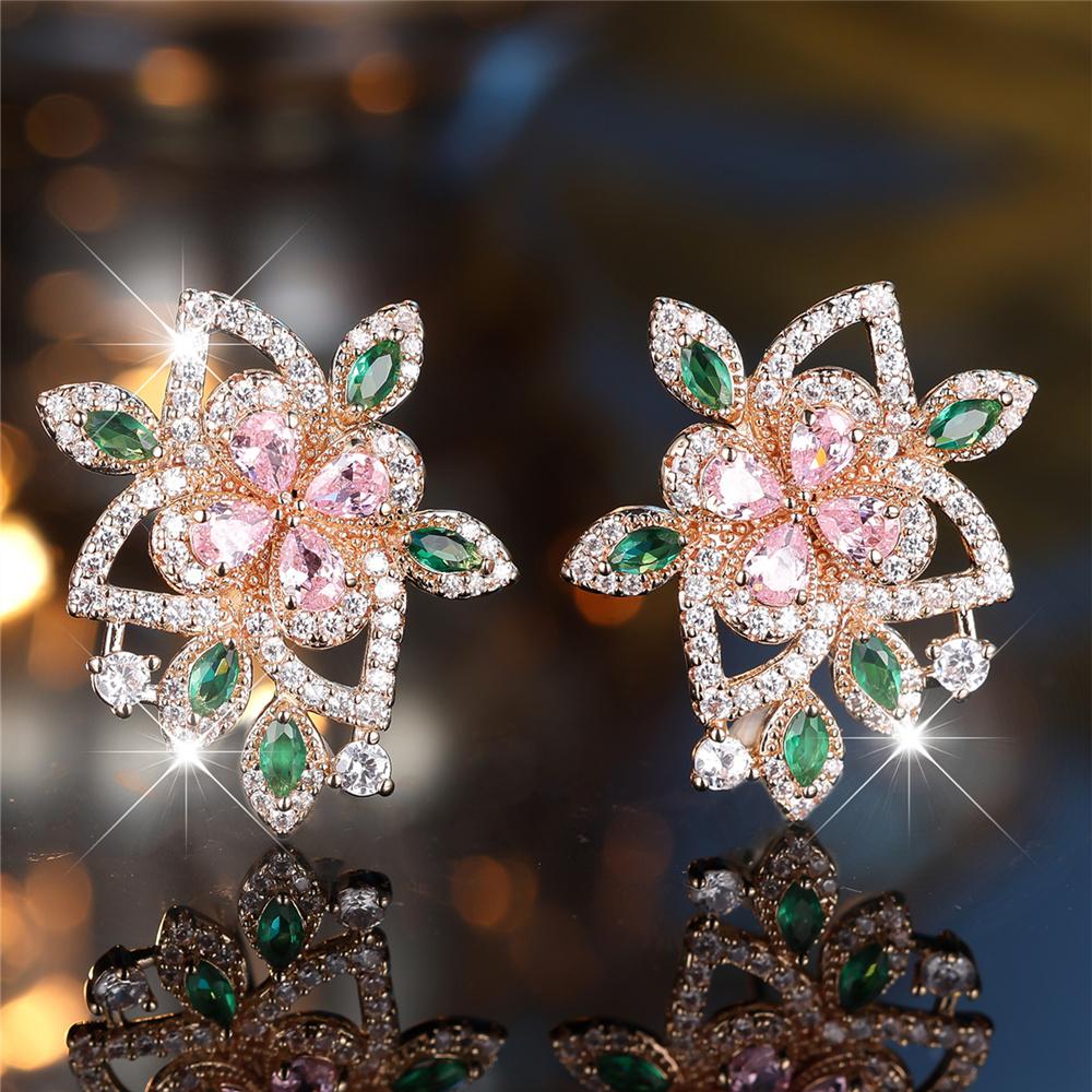 Luxury Female Cute Crystal Blue Zircon Stone Flower Stud Earrings Vintage Silver Color Wedding Fashion Jewelry For Women