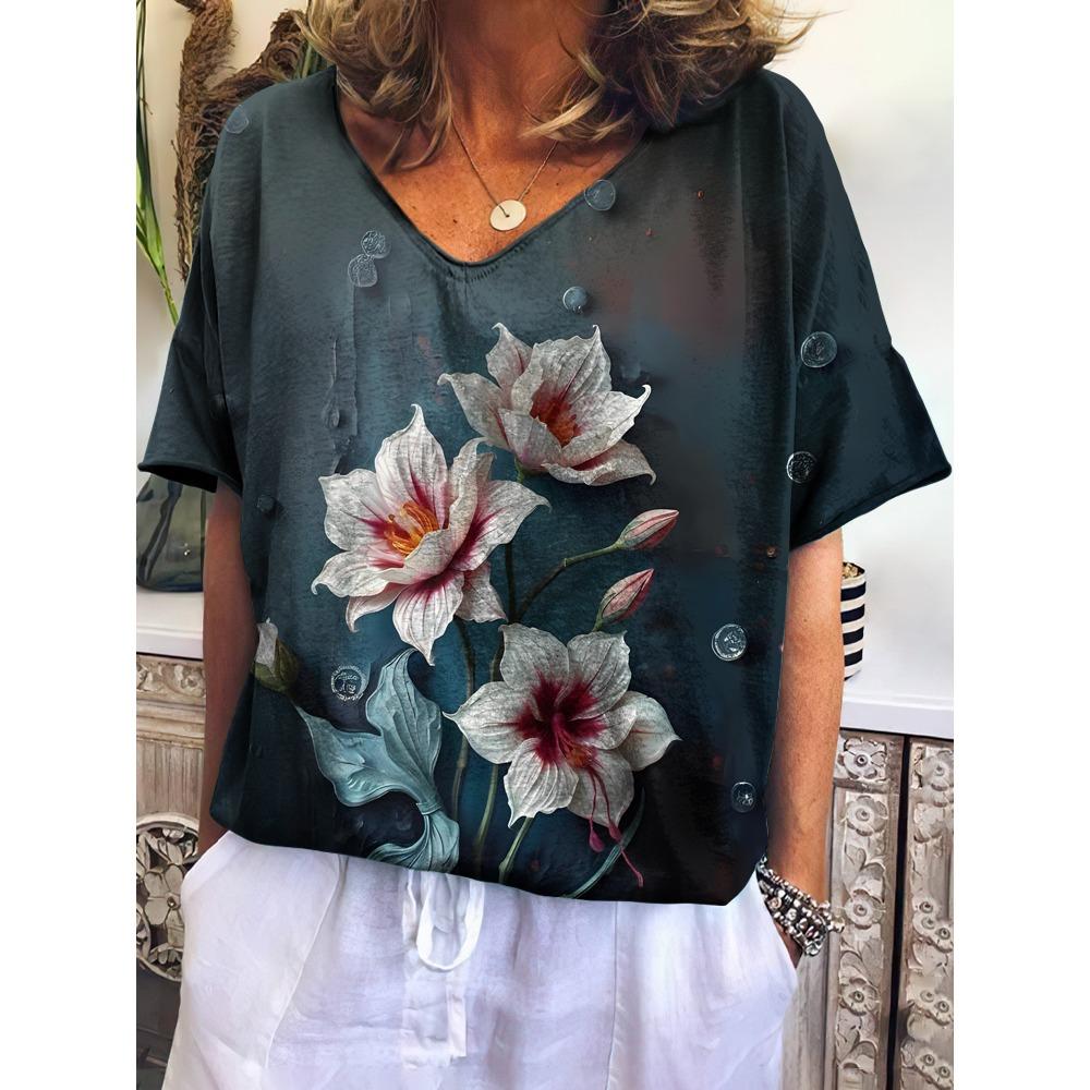 Vintage Women's T Shirts V-neck 3d Flower Print Tops Loose Short Sleeve Tees Summer Streetwear Casual Oversized Female Clothing