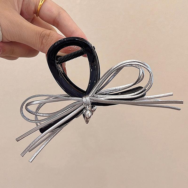 

Черный/Серебристый Заколка-краб с бантом из искусственной кожи для женщин Украшение для волос Высокоуровневая подвеска-сердце Зажим-акула