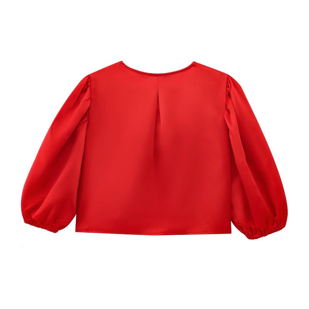 2025 Spring European & American Style Women's Satin Puff Sleeve Bow Top