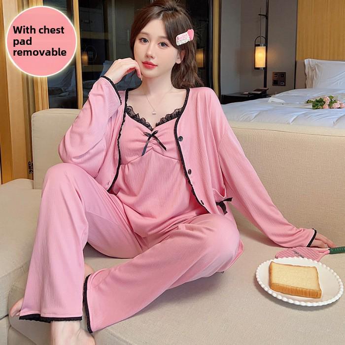 Dámská jarní/podzimní pyžamová souprava: Sladký top na ramínka s vycpávkami na prsou, dlouhými rukávy a kalhotami, nadměrná velikost až do 230 lbs, třídílný domácí oděv.