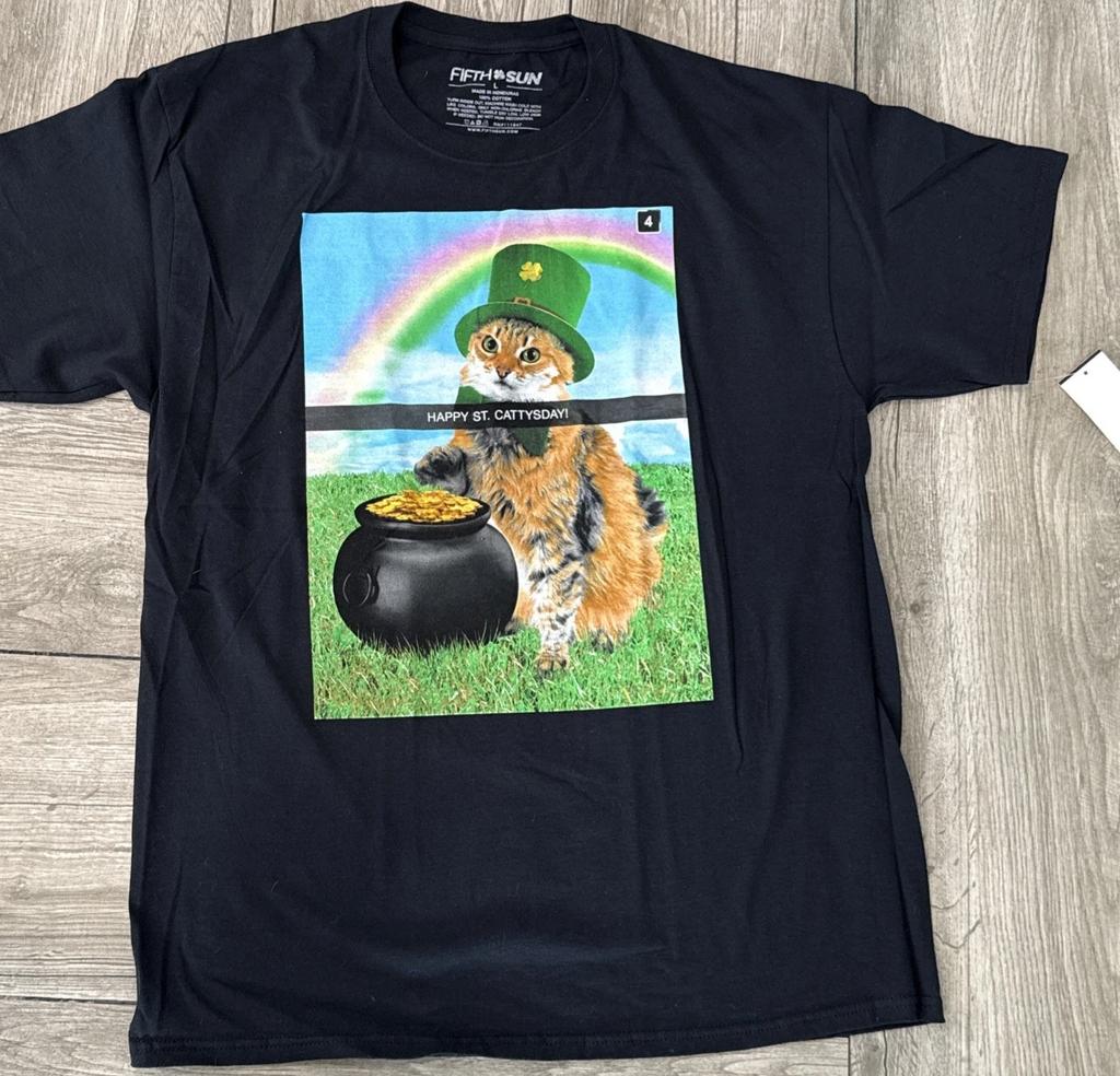 Large Fifth Sun Happy St Cattysday Cat 100% Cotton T-shirt Mens Tees Top St Patrick's Day NEW!
