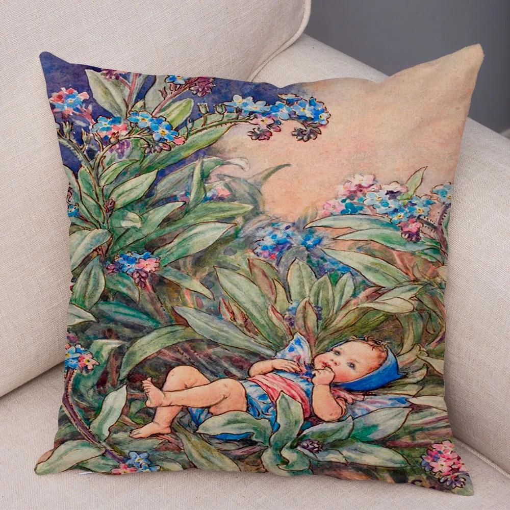 Vintage Cartoon Elfen Kissenbezug Dekor Bunte Märchenwelt Kissenbezug Plüsch Blumenmädchen Kissenbezug für Sofa Zuhause