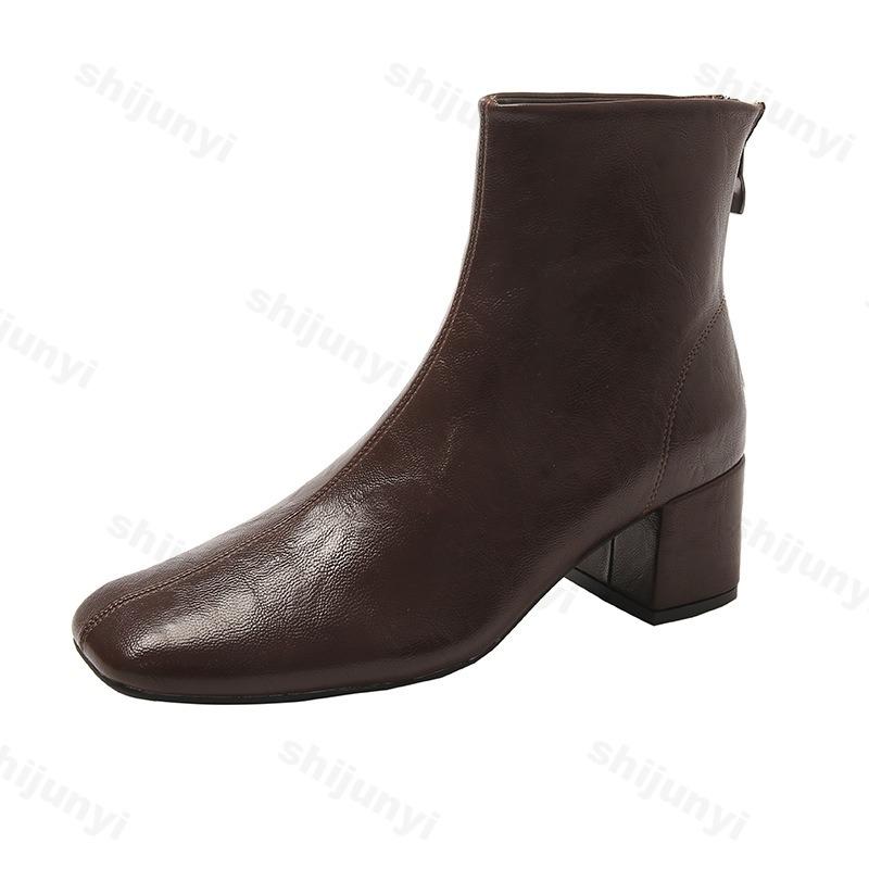 Fashion Women's Leather Boots 2025 Autumn New Dress Women Short Boots Fashion Mid-Heel Women's Ankle Boots High Heels Zapatos De Mujer