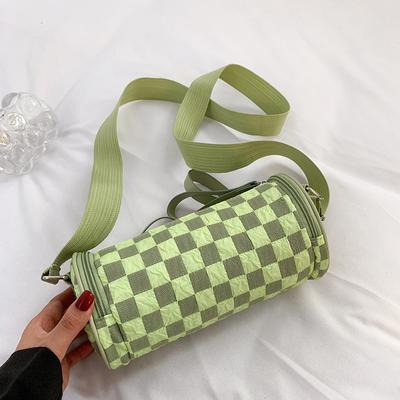 2025 New Women's Shoulder Bag Trendy Fashion Messenger Mobile Phone Bag Checkerboard Wide Shoulder Strap Cylindrical Bag Women