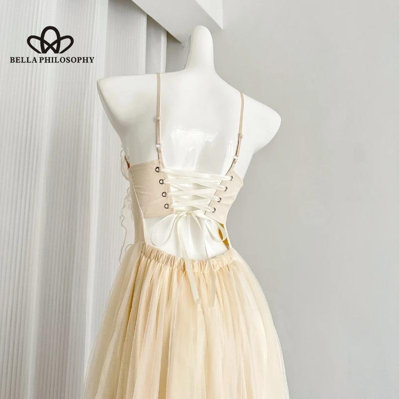 Süßes Maxikleid mit Spaghettiträgern und Schleife im französischen Stil aus Tüll für den Sommerurlaub – schickes ärmelloses Kleid für Damen