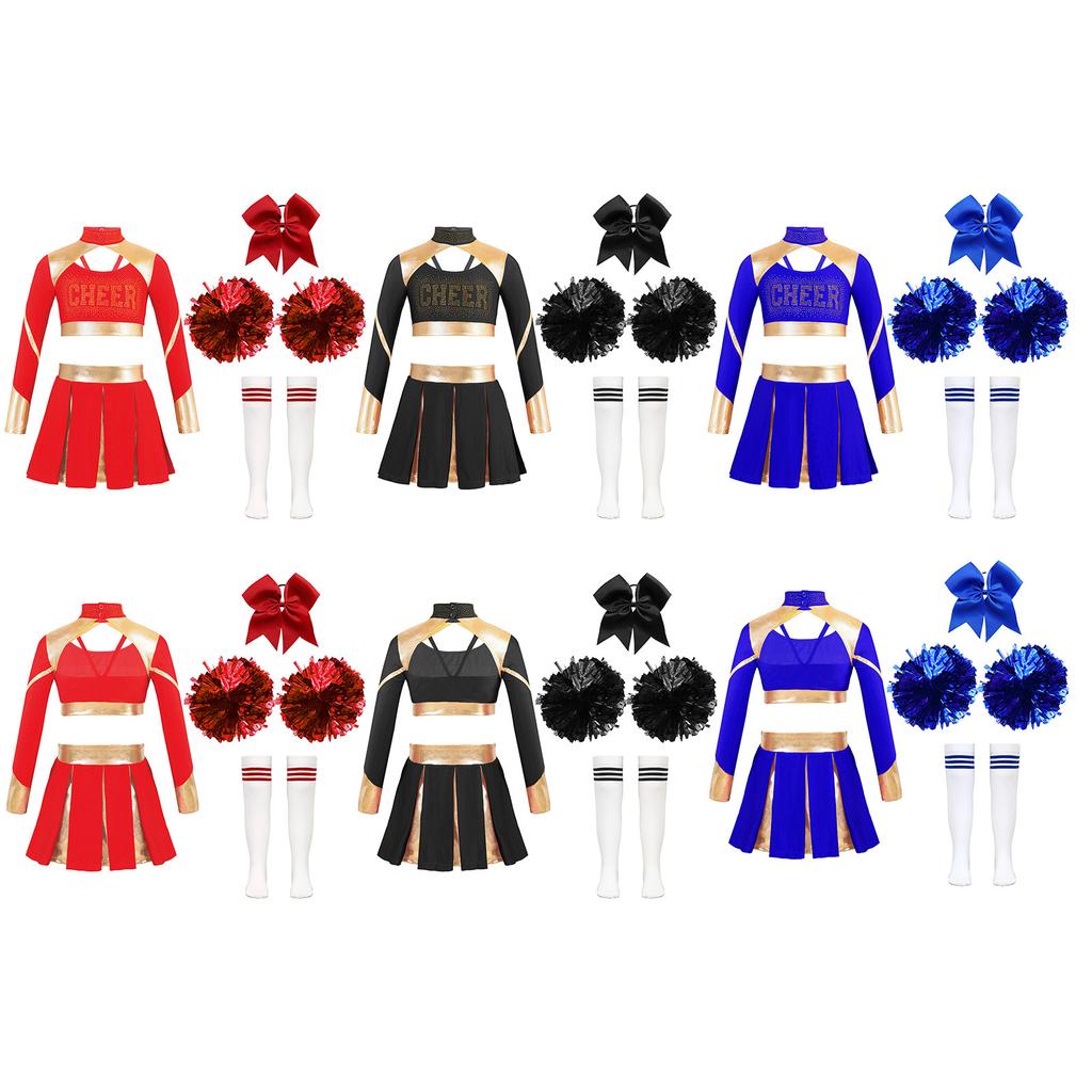 Kinder Mädchen Glitzerndes Cheer Outfit Ausgeschnittenes Crop Top Plissee Rock Gestreifte Strümpfe Schleife Accessoires Set