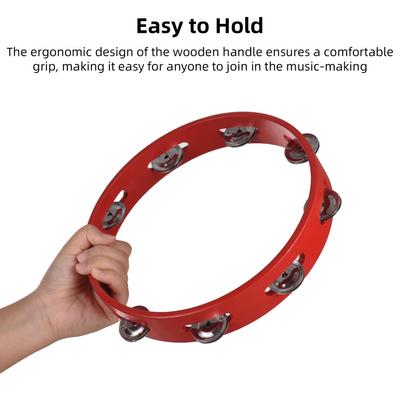 10-inch Tambourine for Adults Pleasant Jingle Sound Red Hand Cranked    S Wooden Metal   Sound Percussion Instruments Home School Party Suppl