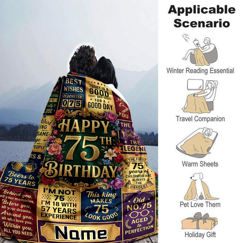 Happy 75Th Birthday Celebration Blanket Personalized Name Soft Warm And Versatile For Sofa Bed Office And Travel Machine Washable Comfortable In All