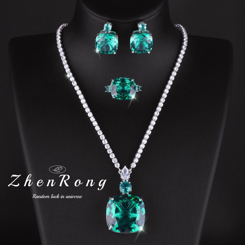 Fashion Square Red Corundum Zircon Sets Luxury Elegant Cocktail Party Three-piece Zircon Set Rings Stud Earrings Necklaces