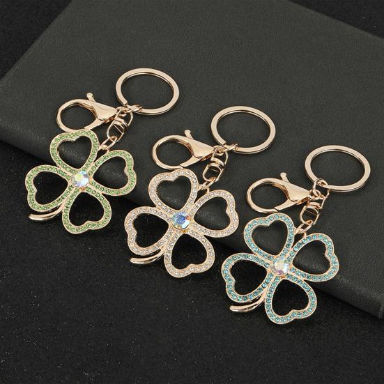 Keychain Pendant Rhinestones Four Leaf Clover Design Zinc Alloy Key Chain with Lobster Clasp Easy to Hang Key Holder Backpack Car Accessory