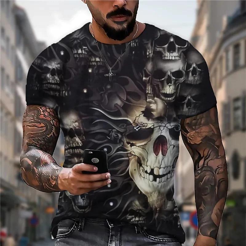 Sommar Rundhals 3D Skalle Tryck Topp Trendiga Casual Kortärmade Herr T-shirts