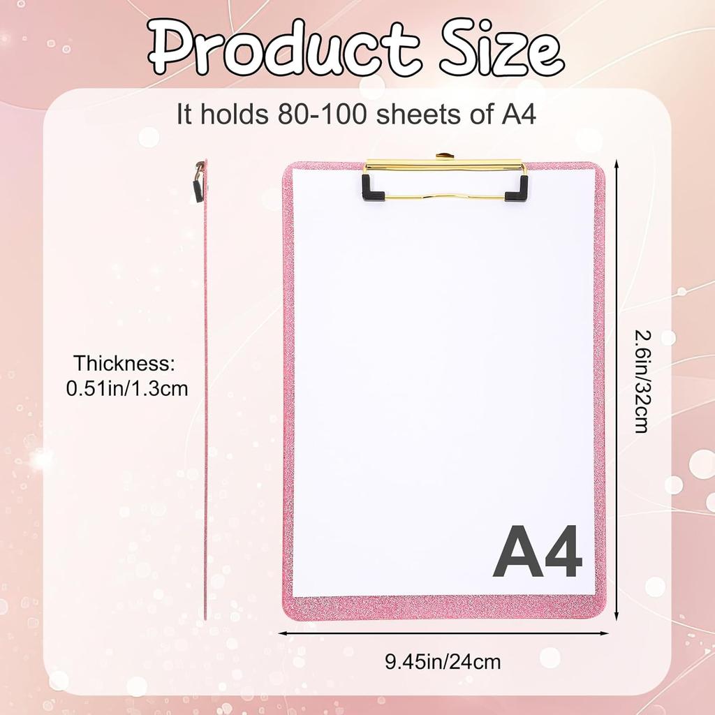 Acrylic Glitter Clipboard, Sparkly Clip Board with Gold Clip A4 Letter Size 12.6 x 8.9 Inch Pink Clipboards for Teacher Classroom School Office