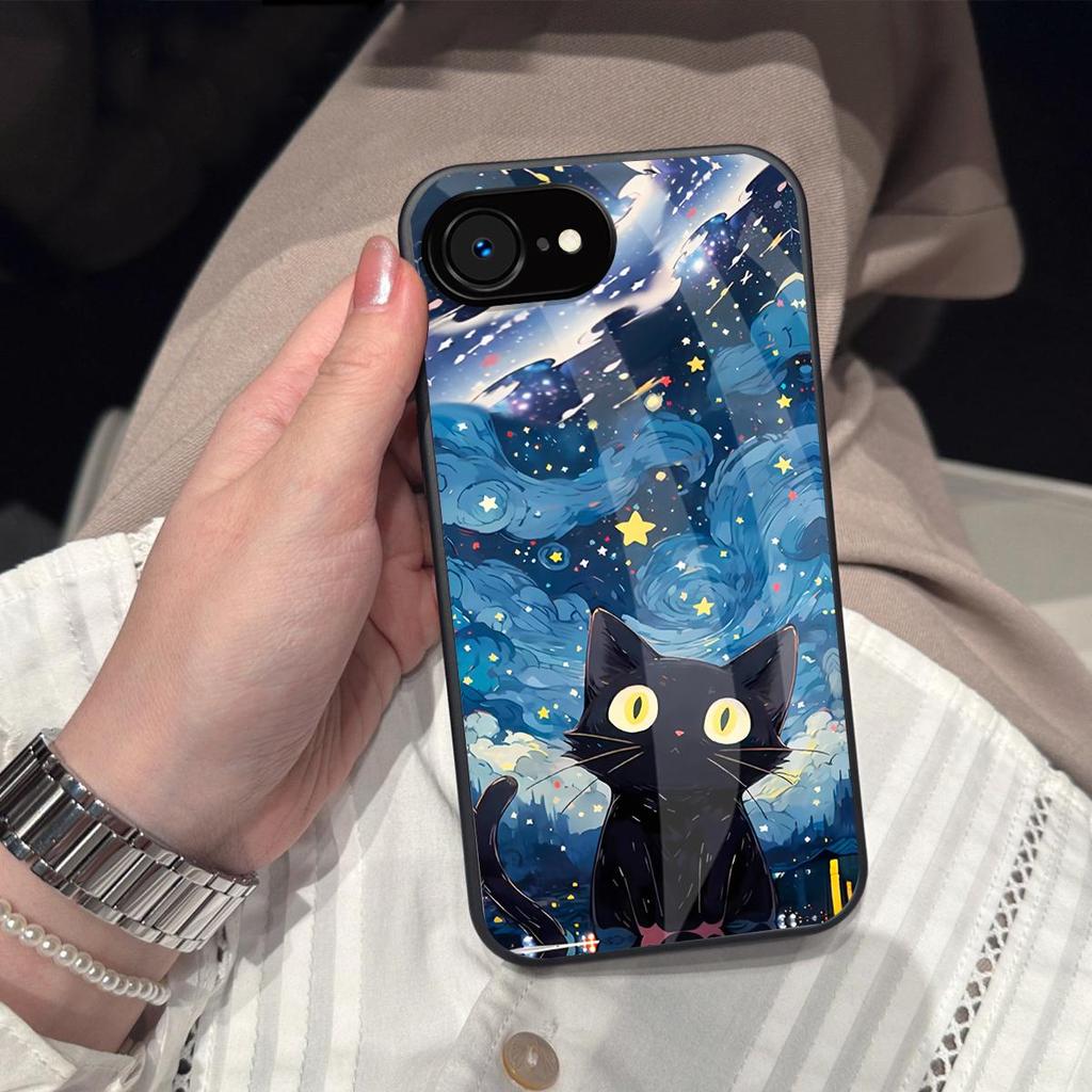 Case for iPhone 16e/17e Anime Black Cat Starry Cloud Print Phone Cover Acrylic Hard Back Shell With Flexible TPU Edge