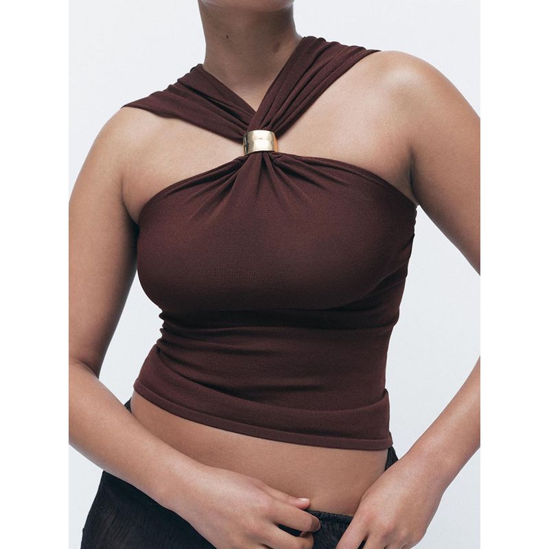 Za2025 Spring New Women's Clothing Silm Gold Inlaid Wide Shoulder Strap Hanging Collar Knitting Tops 4938116