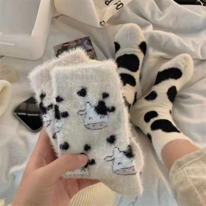 Plush Socks Women'S Milk Spots Fleece Thickened Cute Tube Socks Autumn And Winter Home Warm Mink Fleece Stockings