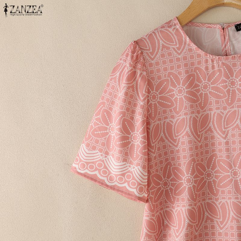 ZANZEA Bluză casual de vară pentru femei, cu imprimeu floral, gât rotund, mâneci scurte