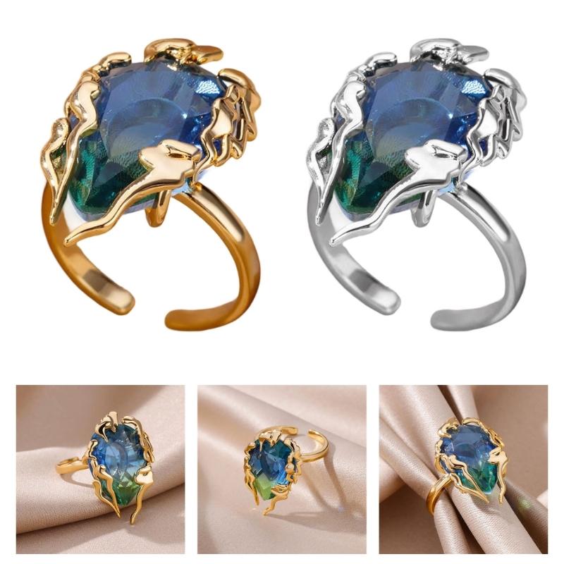 Elegant Flame Shaped Teardrop Ring Blue To Green Gradient Cubic Zirconia Stones Adjustable 17.7mm Opening