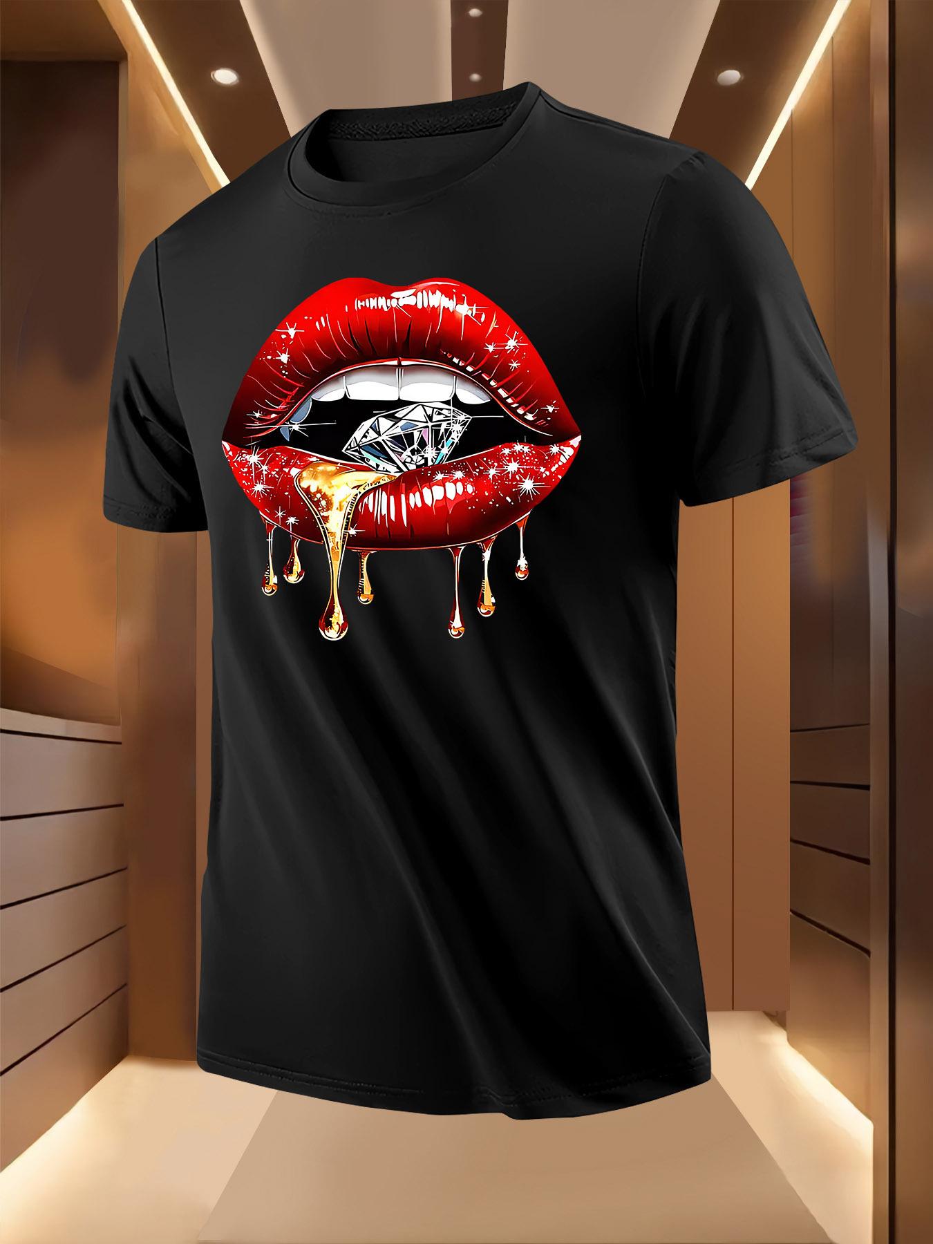 Black Tshirt with Red Lips Diamond Accent Print - Lightwe... XXL