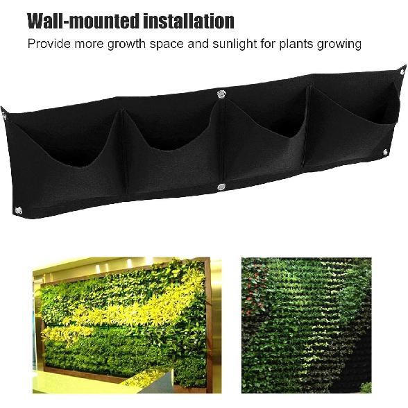4Pcs 4 Pocket Felt Vertical Wall Garden Planter Plant Grow Bag Reusable Wall Mounted Planting Growing Bag for Flower Vegetable(Black)