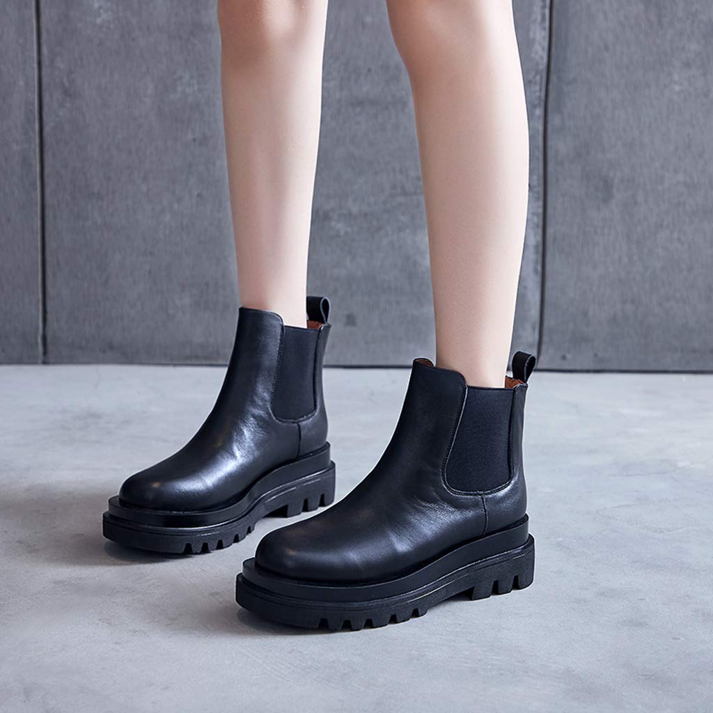 Placck Chelsea Genuine Side Platform Plus Size Women's Boots, Leather, Gore, Sole, Leg-Slimming, Casual, (Height 23cm)