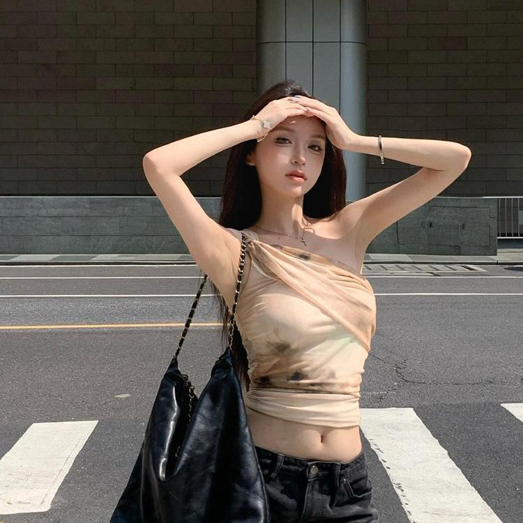 Printed design sling vest women's spring and summer slim and thin mesh sleeveless top slanted shoulder new Chinese style new
