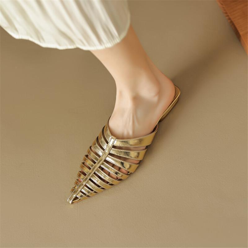 Fashion NEW Summer Sheepskin Women Slippers Casual Shoes for Women Pointed Toe Low Heel Slippers Hollow Out Women Sandals Size 34-43