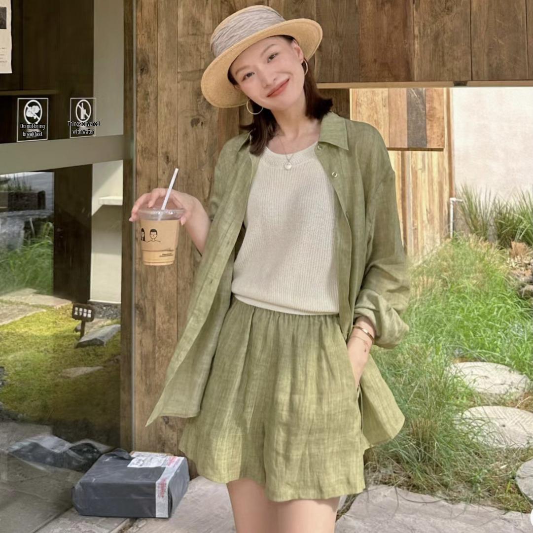 

Летний солнцезащитный костюм из тенселя и рами, 2024: Прохладная, приятная к коже, дышащая футболка и шорты Small