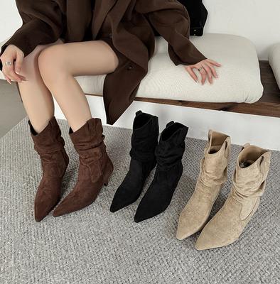European and American Style Pointed-toed Pleated Piled Boots Women's 2025 Autumn Fine-heeled Short Denim Bare Boots High-heeled Temperament Short Boot