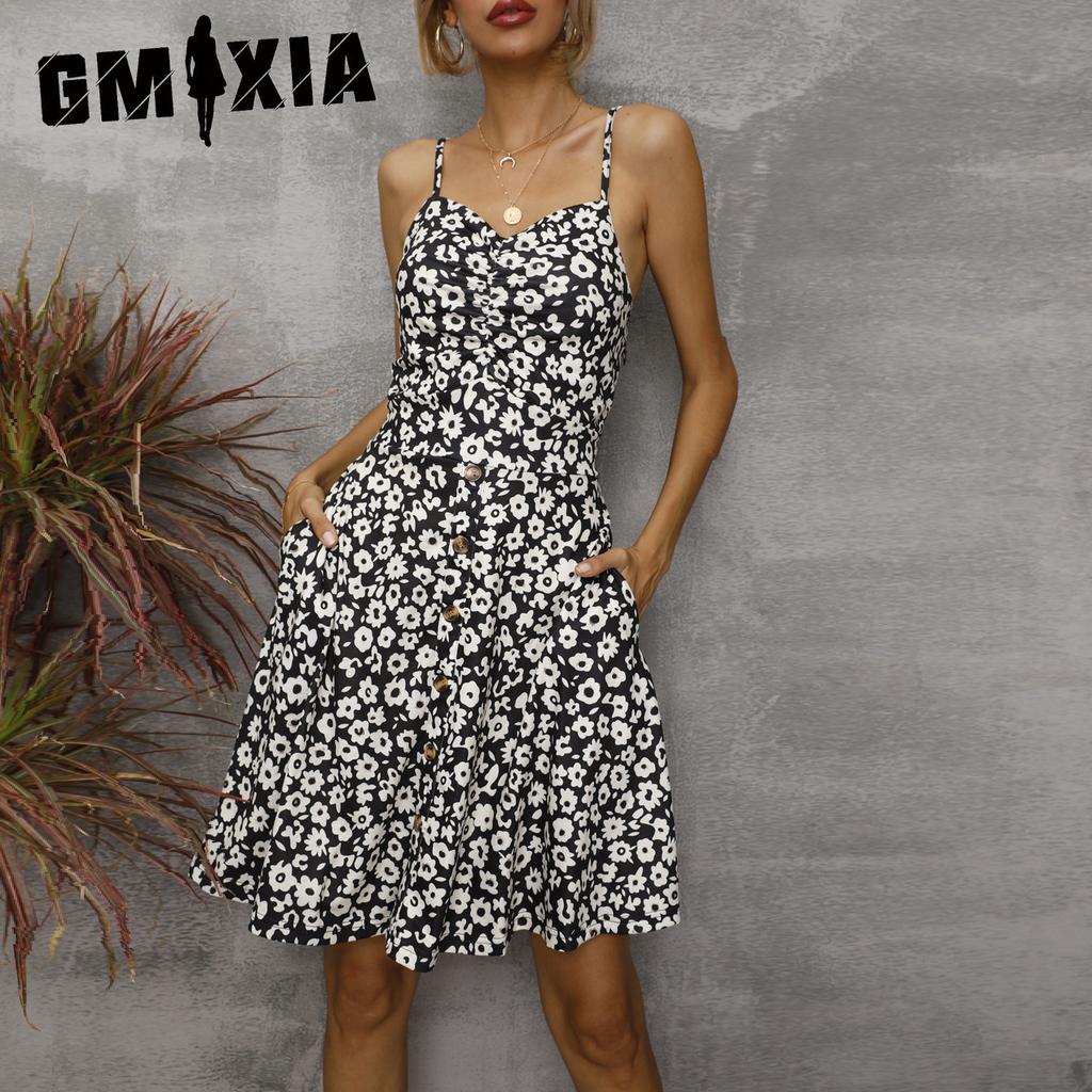GMXIA Sexy Halter Dress Spring and Summer Large Size Printed Floral Medium Short Skirt