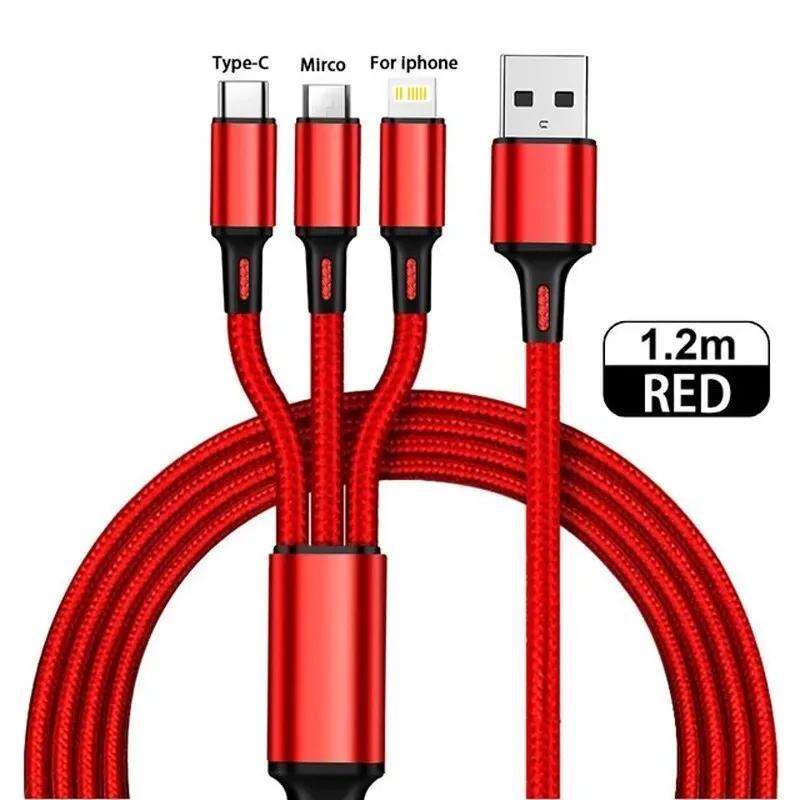 1-4Pcs 3 In 1 USB Charger Fast Charging Cable Type C Micro IOS Multi Charger Cable for iPhone Huawei Samsung Nylon Braided Cord