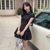 Sweet and Spicy Style Black Striped Button Bubble Sleeve POLO Neck Dress Women's Summer Temperament Waist A-shaped Skirt Short Skirt