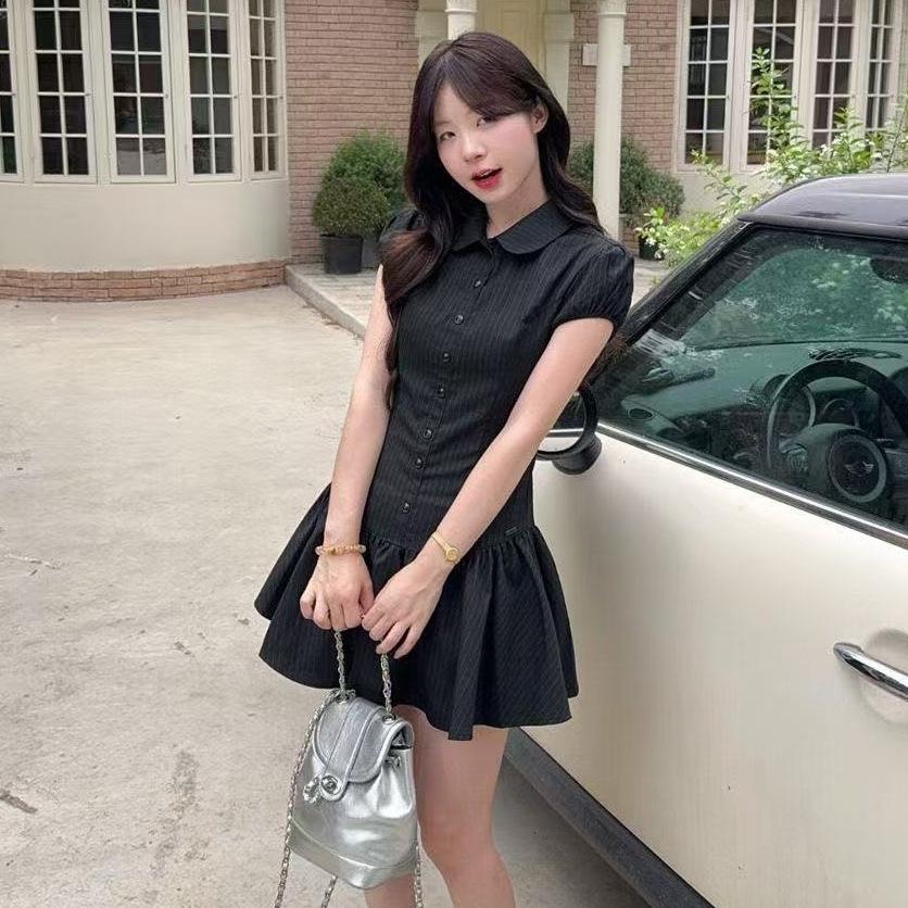 Sweet and Spicy Style Black Striped Button Bubble Sleeve POLO Neck Dress Women's Summer Temperament Waist A-shaped Skirt Short Skirt