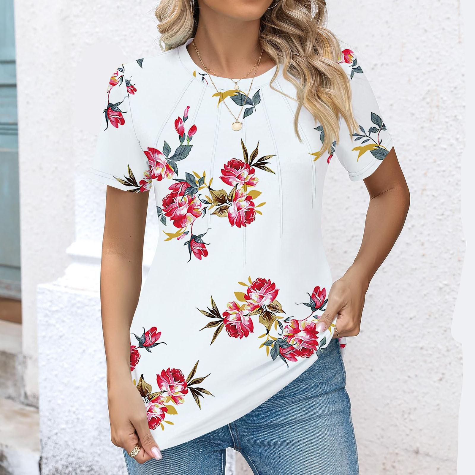 

Женский плиссированный топ с короткими рукавами и короткими рукавами с круглым вырезом и небольшим цветочным принтом XL белый