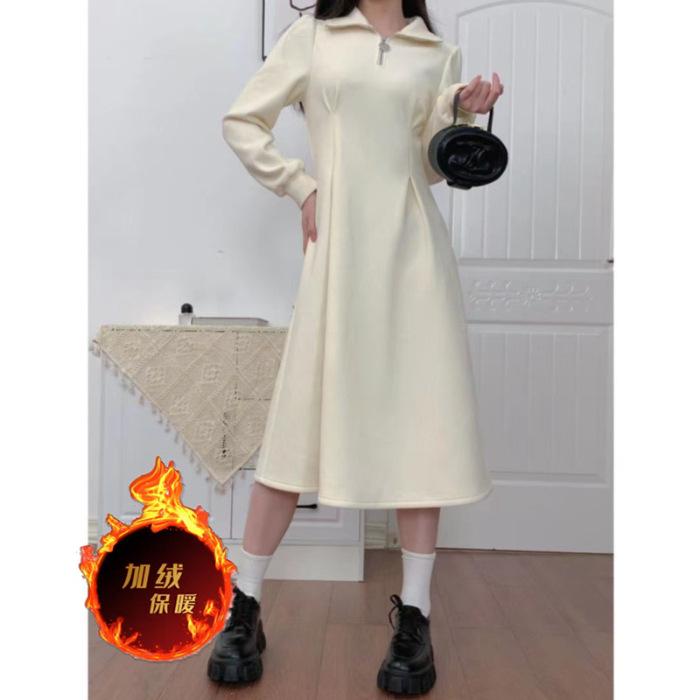 

Heart-shaped neckline zipper fleece dress autumn and winter new women s French style inside with coat inside with medium and long skirt 2XL абрикосовий