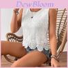 T-shirt Estiva Bianca in Cotone Poliestere Senza Maniche con Pizzo Traforato per Uso Casual