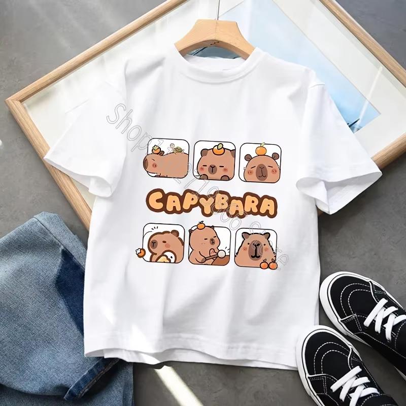 Capybara Cartoon Character Print Tops Cool Comfortable Shirts Birthday Party Gifts Boys Girls Cotton T-shirt Cute Short Sleeves