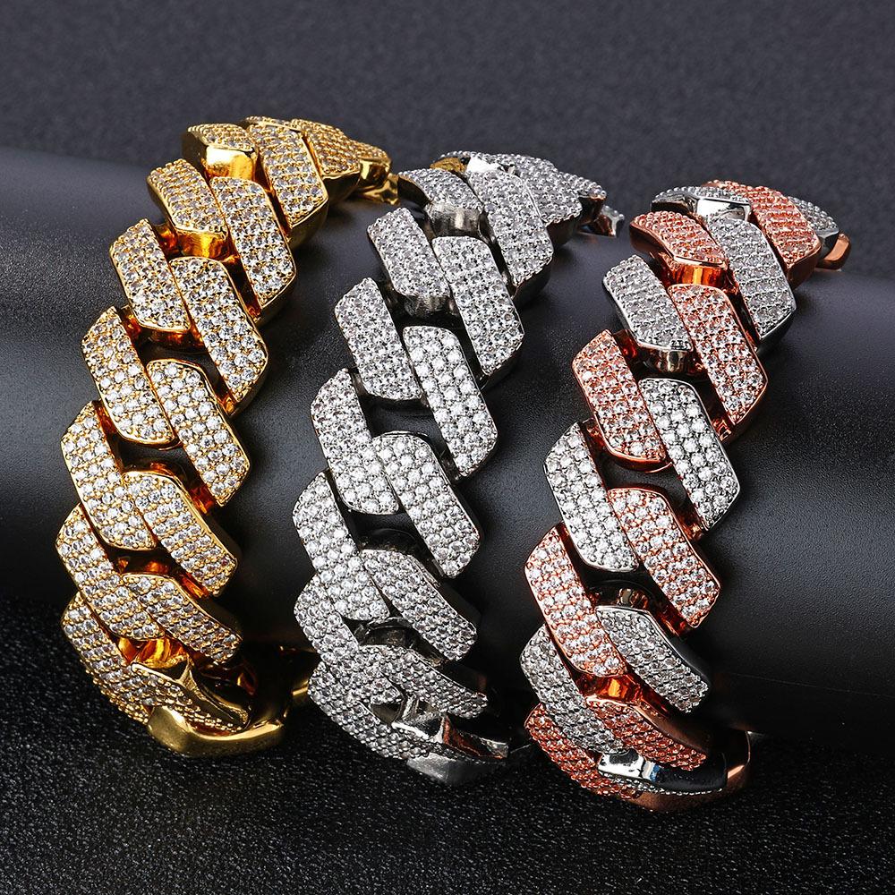 European & American 20mm Rhombus Cuban Link Zirconia Hip Hop Necklace & Bracelet for Men