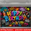 90s Hip Hop Birthday Backdrop Banner, Graffiti Boombox Headphones Crown Color Splash Photo Background, Polyester Wall Decor